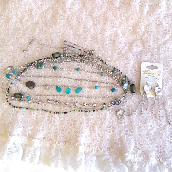 Vintage NEW Andante Handmade 7 Strand Teal Blue Beads Silver Necklace & Earrings - Picture 6 of 9